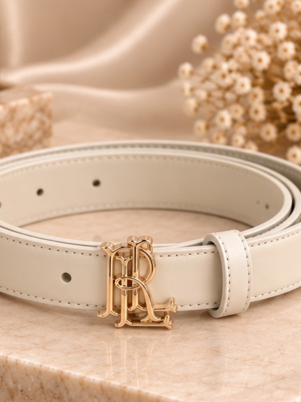 Designer-Inspired Ivory Leather Belt with Gold Monogram Buckle